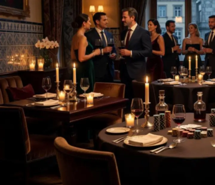 Ambiente noturno sofisticado com luz suave e convidados à mesa de poker.