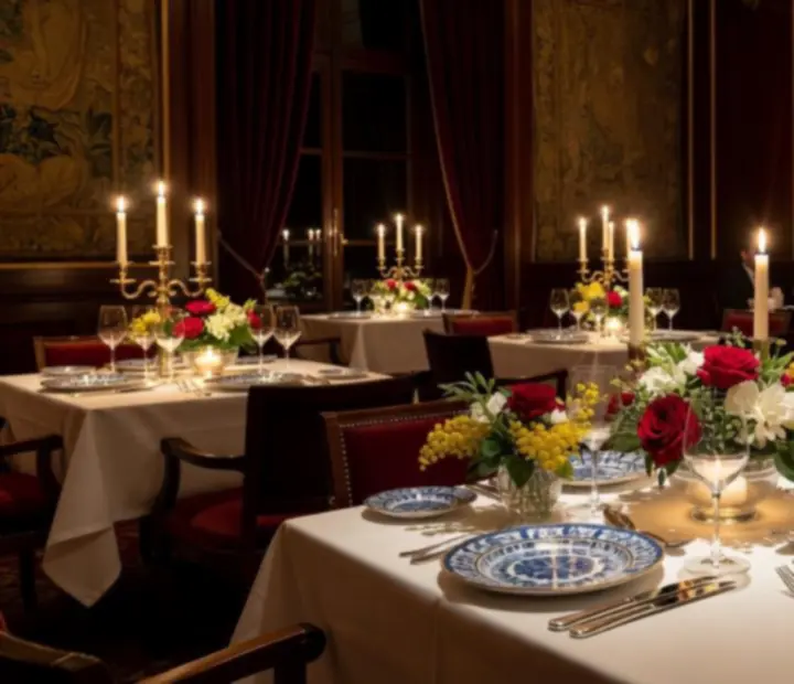 Sala de jantar elegante iluminada por velas no restaurante Petis Cosenaipes.