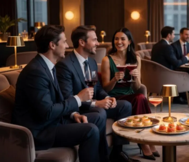 Grupo de convidados a conversar num jantar de networking elegante.