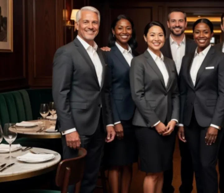 Equipa do restaurante sorridente com fardas elegantes.
