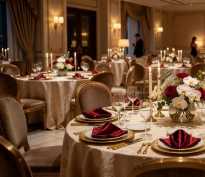 Sala elegante preparada para evento exclusivo com iluminação suave e mesas decoradas.