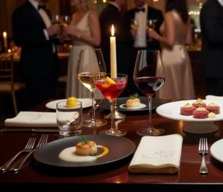 Prato de alta gastronomia e copos de vinho num ambiente de restaurante de luxo.