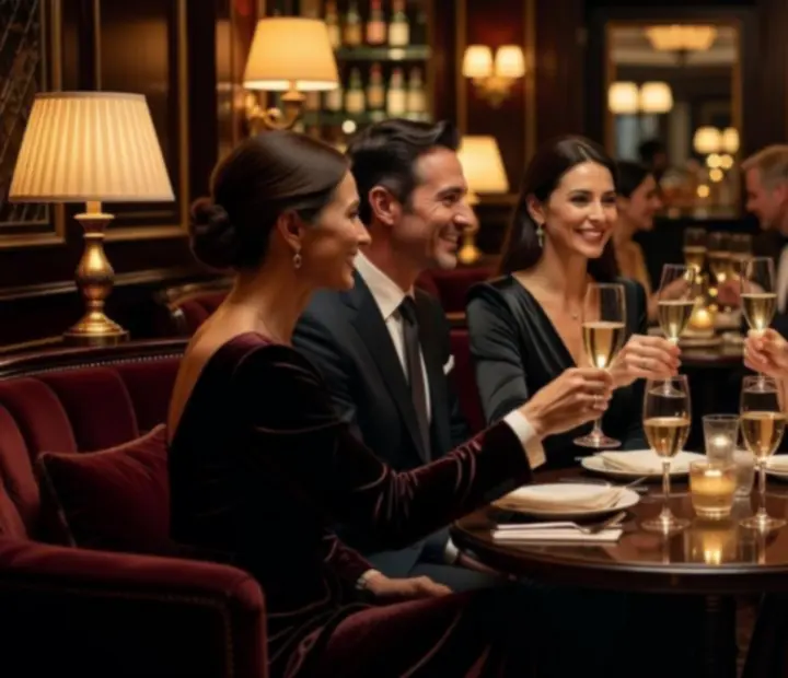 Convidados a brindar em ambiente de restaurante com luz baixa e atmosfera festiva.