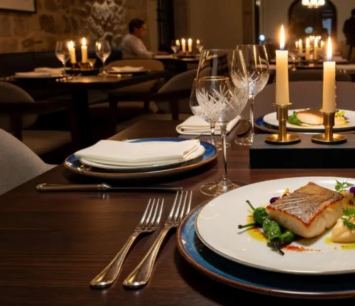 Mesa elegante com menu de degustação num restaurante de fine dining.