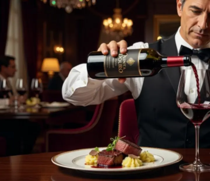 Sommelier a servir vinho num jantar temático com harmonização.
