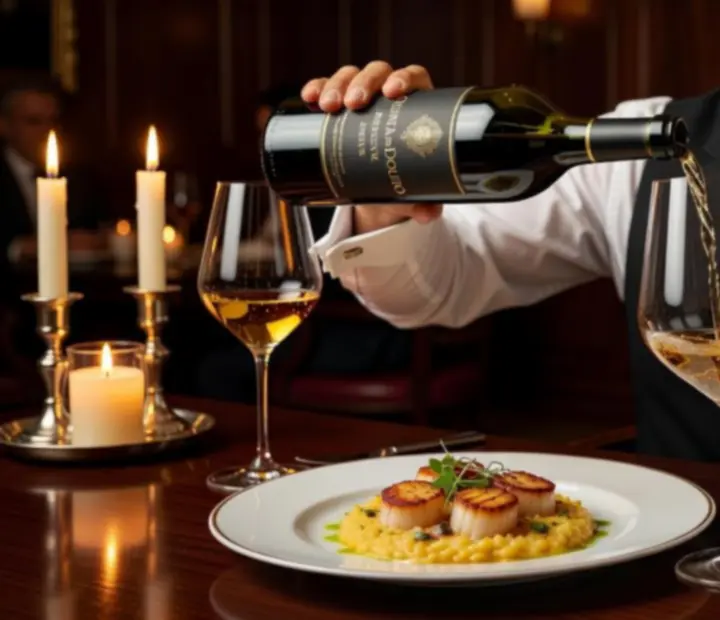 Copos de vinho português servidos numa mesa elegante para harmonização com o menu.
