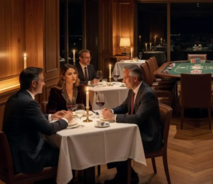Elegant restaurant dining room with a poker table set up, soft lighting and a sophisticated atmosphere.