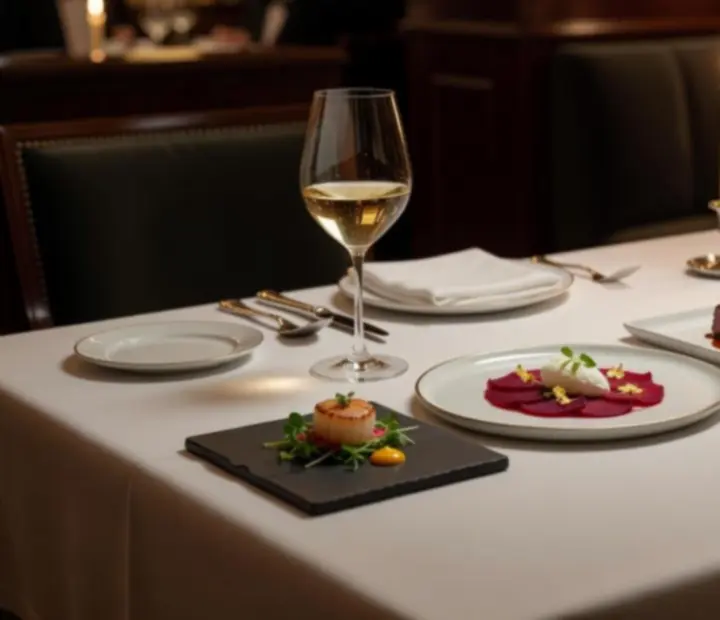 Mesa de degustação elegante com vários pratos de autor no restaurante Petis Cosenaipes.