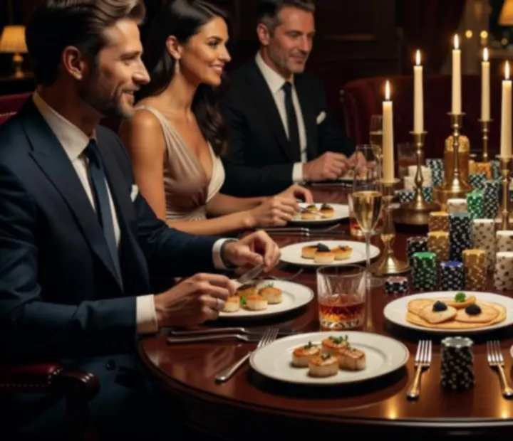 Mesa de poker elegante com pratos partilháveis e bebidas num ambiente de luz baixa.