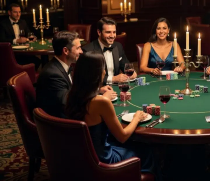 Noite de poker social em ambiente elegante, com mesa bem iluminada e fichas simbólicas.