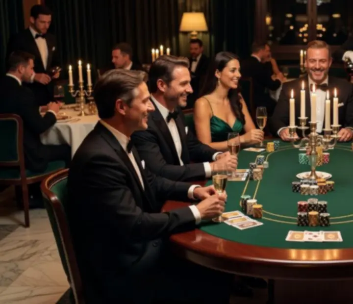 Elegant poker table with chips and cards, surrounded by well-dressed guests.