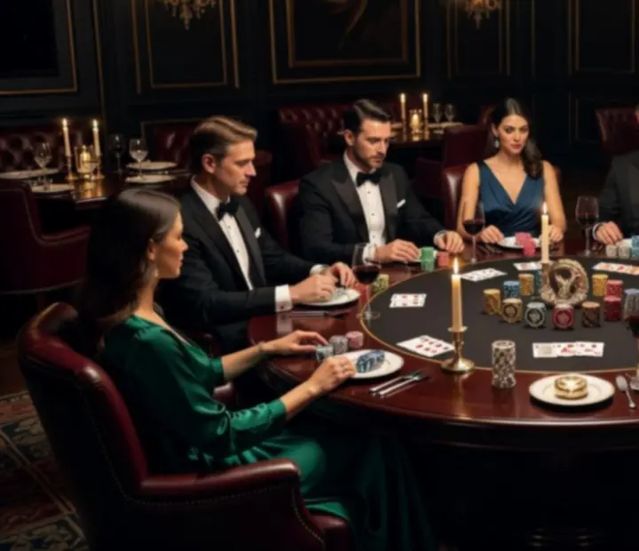Mesa de poker elegante em ambiente de lounge sofisticado.