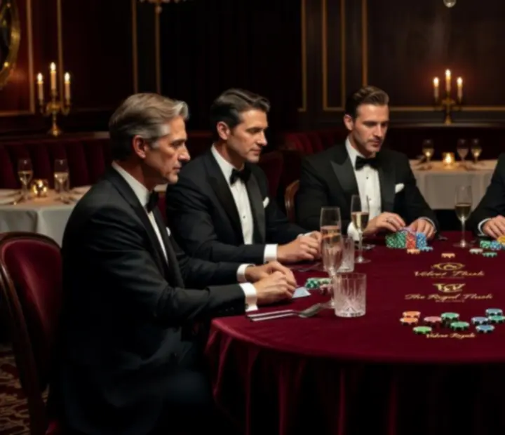 Mesa de poker elegante com fichas simbólicas num ambiente de restaurante sofisticado.