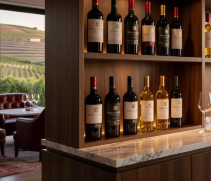 Prateleira de vinhos premium num restaurante elegante em Portugal