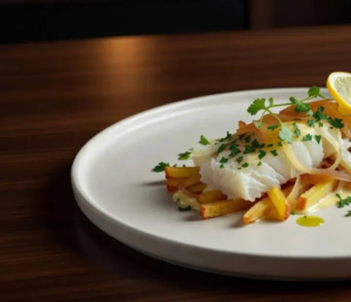 Signature gourmet dish, carefully plated in a luxury restaurant setting.