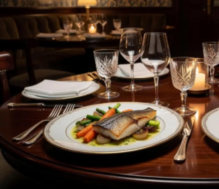 Prato principal de assinatura com peixe fresco do Atlântico e empratamento contemporâneo.