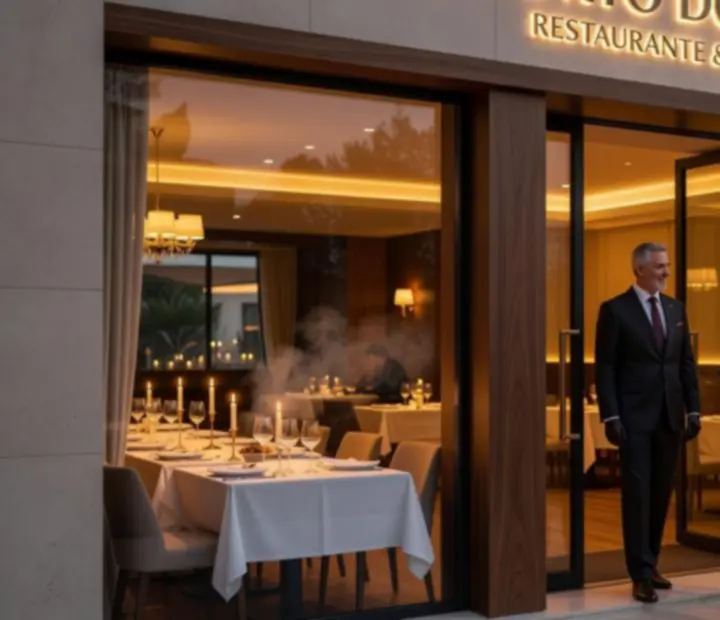 Entrada elegante do restaurante com iluminação de velas e detalhes gourmet.