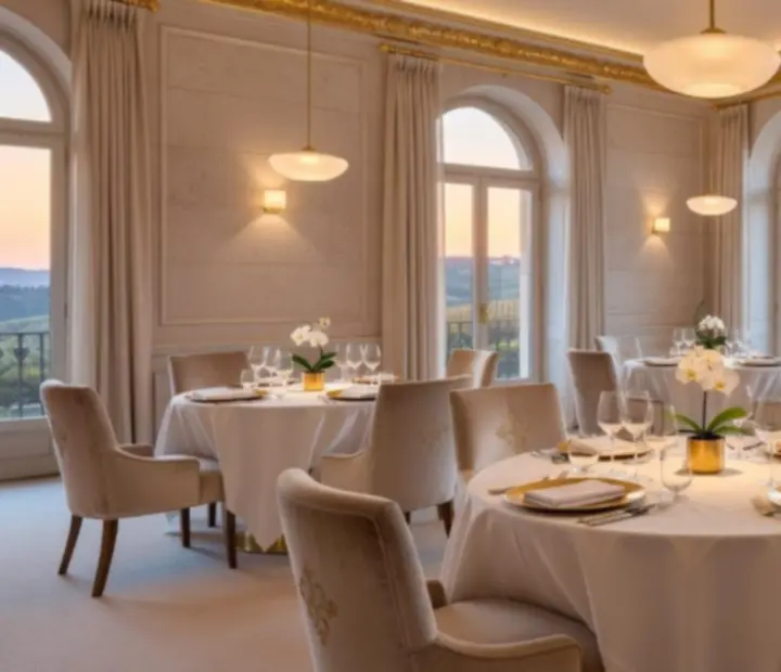 Sala de jantar luxuosa com iluminação suave e mesas elegantemente postas.