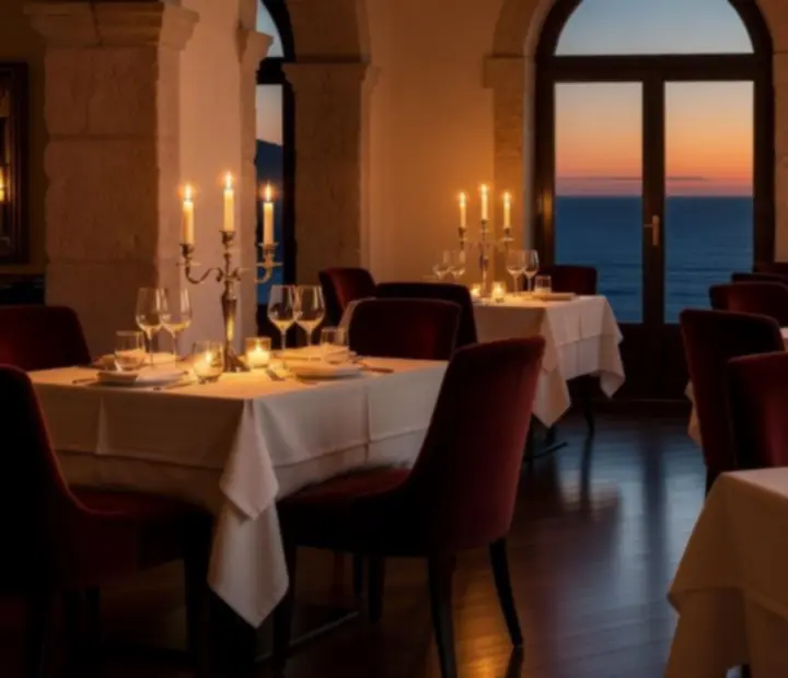 Sala de jantar elegante no Petis Cosenaipes, com mesas preparadas para um jantar sofisticado e ambiente intimista.